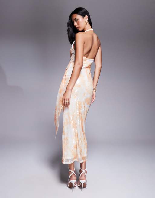 ASOS DESIGN - Vestito lungo allacciato al collo arancione con paillettes stampate, 2 di 4
