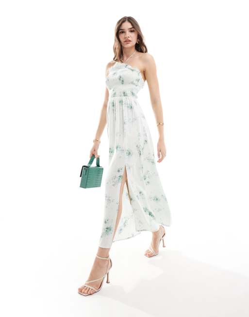 ASOS DESIGN - Vestito lungo allacciato al collo arricciato color menta a fiori