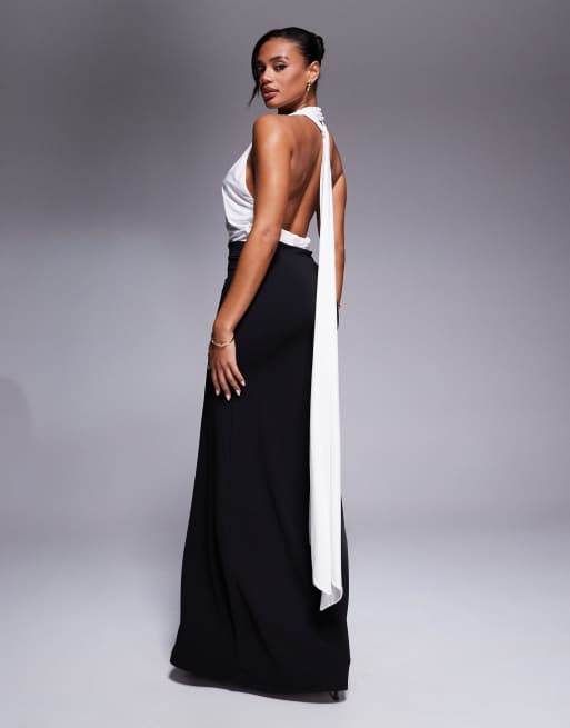 ASOS DESIGN Vestito lungo allacciato al collo bianco e nero con
