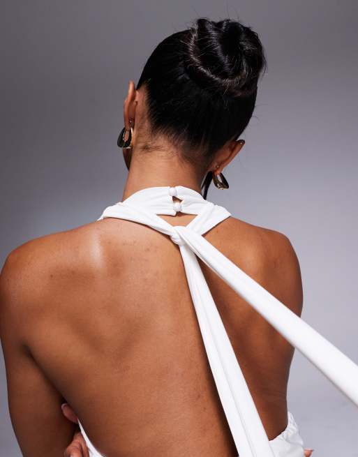 ASOS DESIGN - Vestito lungo allacciato al collo bianco e nero con dettaglio drappeggiato e incrociato, 3 di 4