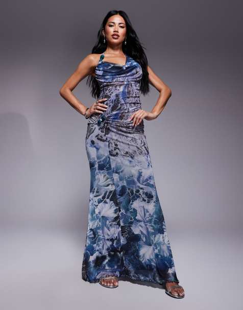ASOS DESIGN - Vestito lungo allacciato al collo blu con stampa a onde e dettaglio - view 1