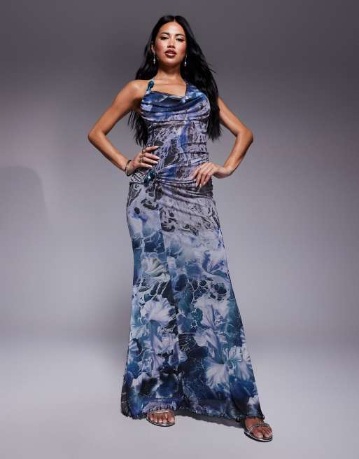 ASOS DESIGN - Vestito lungo allacciato al collo blu con stampa a onde e dettaglio