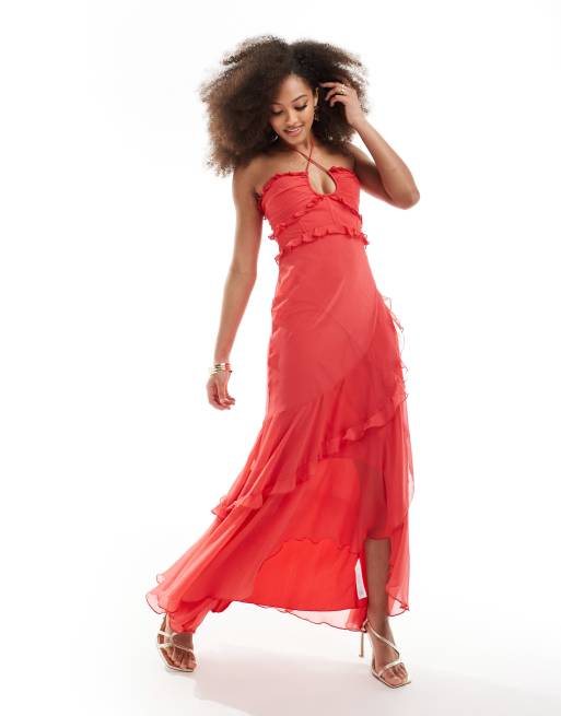 ASOS DESIGN - Vestito lungo allacciato al collo col volant con fondo asimmetrico rosso