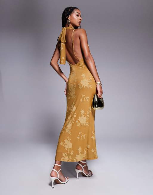 ASOS DESIGN - Vestito lungo allacciato al collo color bronzo con schiena scoperta e dettaglio drappeggiato 