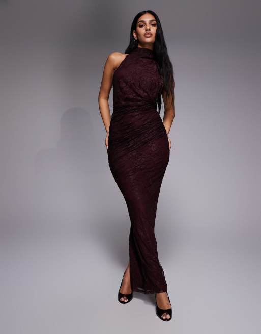 ASOS DESIGN - Vestito lungo allacciato al collo color cioccolato con incrocio in pizzo e schiena scoperta, 3 di 4