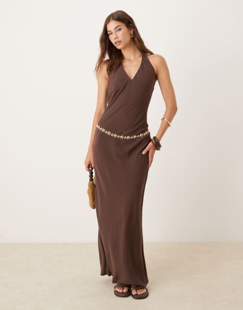 ASOS DESIGN - Vestito lungo allacciato al collo color cioccolato in misto lino - view 1