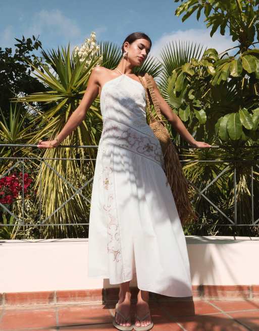 ASOS DESIGN - Vestito lungo allacciato al collo combinato tono su tono con pannello asimmetrico color avorio