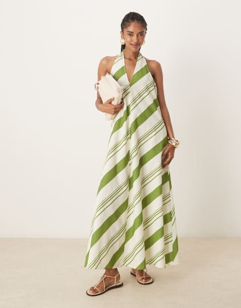 ASOS DESIGN - Vestito lungo allacciato al collo comodo verde a righe - view 1