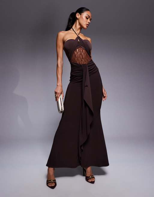 ASOS DESIGN - Vestito lungo allacciato al collo con dettaglio a strati in pizzo