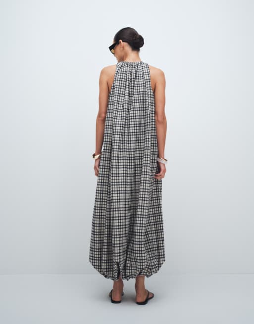 ASOS DESIGN - Vestito lungo allacciato al collo con fondo a sbuffo a quadri monocromatici, 3 di 7