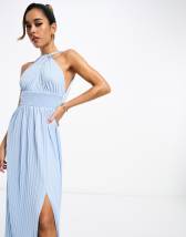 ASOS DESIGN - Vestito lungo in tulle azzurro polvere con scollo profondo e  fiocco sul retro