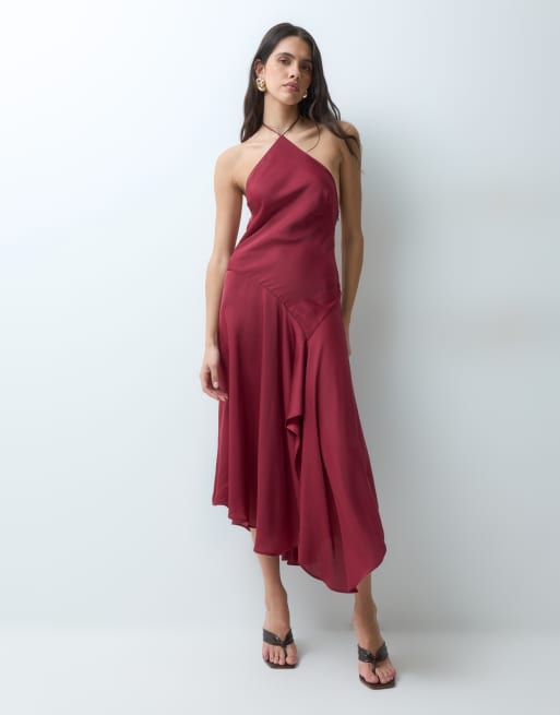 ASOS DESIGN vestito lungo allacciato al collo con orlo asimmetrico e estremità annodate decorate in rosso scuro, 2 di 5