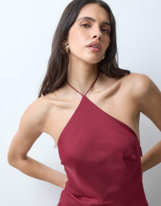 ASOS DESIGN vestito lungo allacciato al collo con orlo asimmetrico e estremità annodate decorate in rosso scuro, 3 di 5