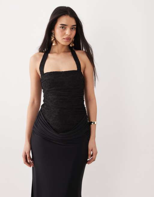 ASOS DESIGN - Vestito lungo allacciato al collo con scollo ad anello drappeggiato nero con corpino dévoré, 3 di 4