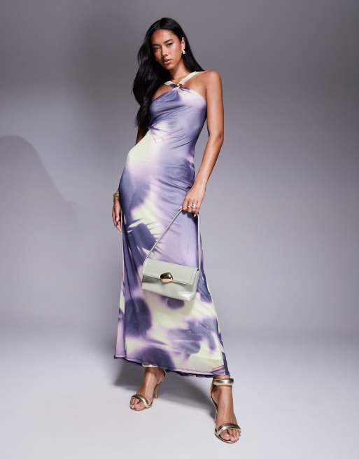 ASOS DESIGN - Vestito lungo allacciato al collo con stampa astratta, particolari finiture e dettaglio intrecciato sul retro