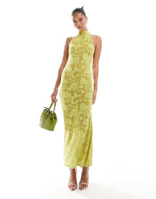 ASOS DESIGN - Vestito lungo allacciato al collo dévoré trasparente color lime con schiena scoperta