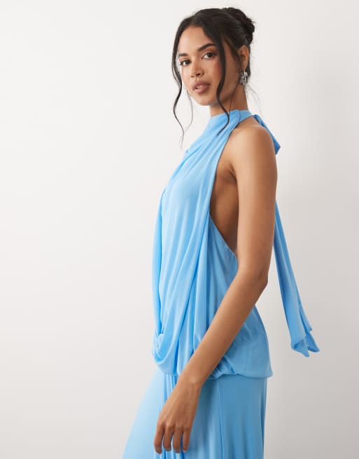 ASOS DESIGN - Vestito lungo allacciato al collo drappeggiato in rete blu, 3 di 4
