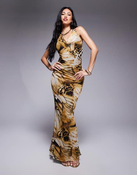 ASOS DESIGN - Vestito lungo allacciato al collo giallo con scollo ad anello, stampa animalier e nodo - view 1