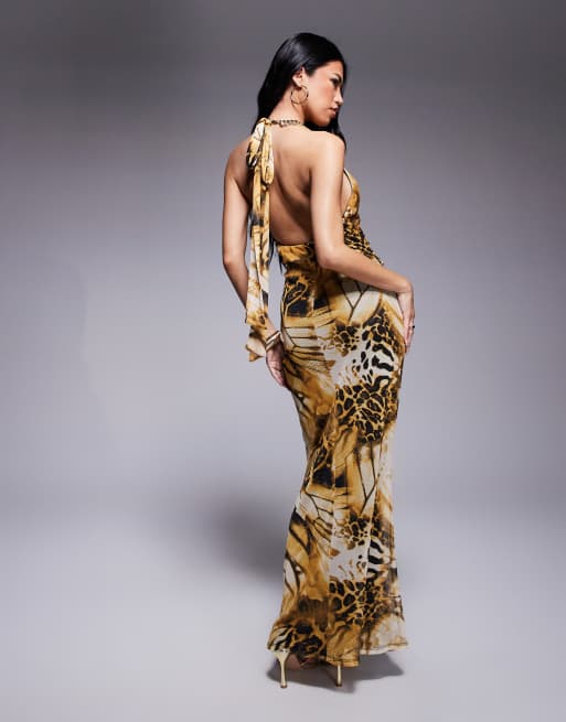ASOS DESIGN - Vestito lungo allacciato al collo giallo con scollo ad anello, stampa animalier e nodo, 2 di 4