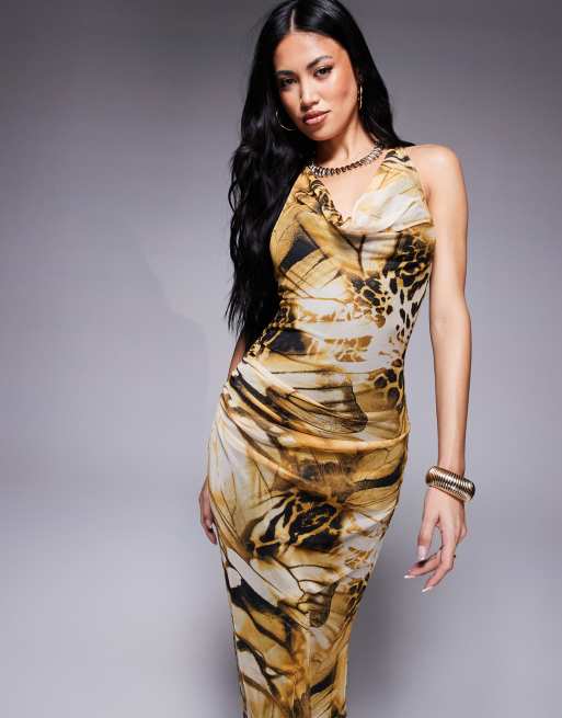 ASOS DESIGN - Vestito lungo allacciato al collo giallo con scollo ad anello, stampa animalier e nodo, 4 di 4