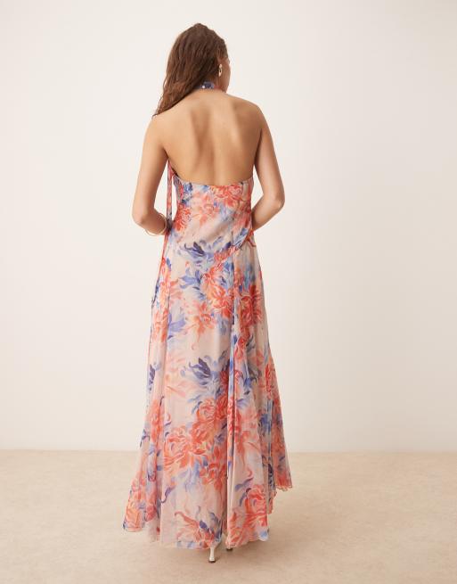 ASOS DESIGN - Vestito lungo allacciato al collo in chiffon a fiori rosa e blu con vita scesa, 3 di 4