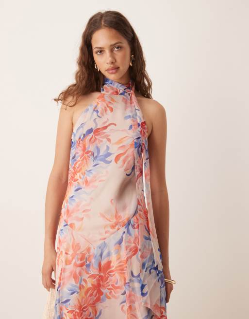 ASOS DESIGN - Vestito lungo allacciato al collo in chiffon a fiori rosa e blu con vita scesa, 4 di 4