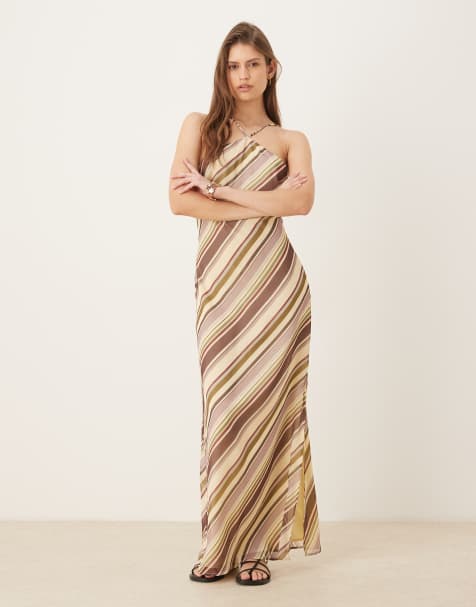 ASOS DESIGN - Vestito lungo allacciato al collo in chiffon a righe multicolore - view 1