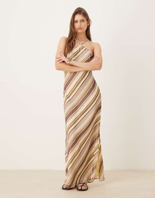 ASOS DESIGN - Vestito lungo allacciato al collo in chiffon a righe multicolore