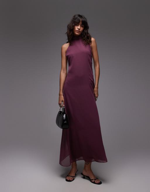 ASOS DESIGN - Vestito lungo allacciato al collo in chiffon accollato color prugna, 2 di 4