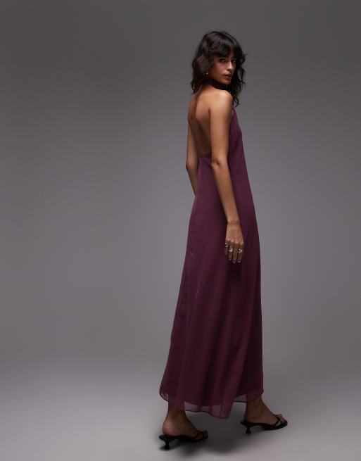 ASOS DESIGN - Vestito lungo allacciato al collo in chiffon accollato color prugna, 4 di 4