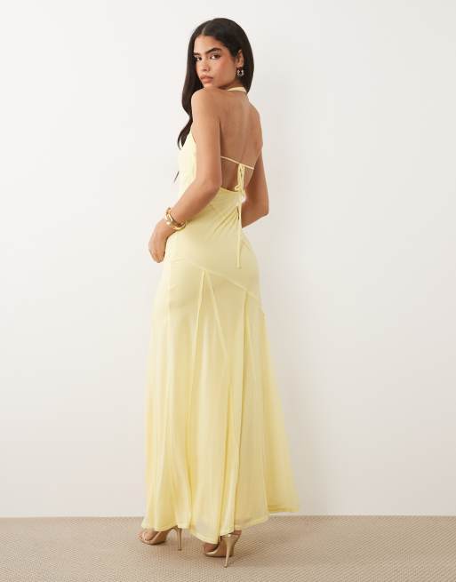 ASOS DESIGN - Vestito lungo allacciato al collo in chiffon elasticizzato color limone con cuciture grezze, 3 di 4
