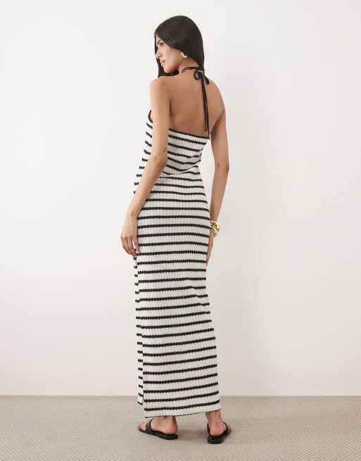 ASOS DESIGN - Vestito lungo allacciato al collo in jersey all'uncinetto a righe monocromatiche, 4 di 4