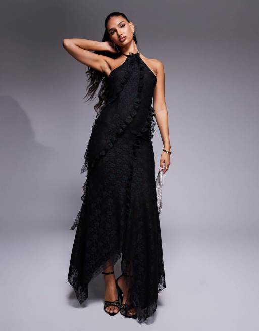 ASOS DESIGN - Vestito lungo allacciato al collo in pizzo nero con volant