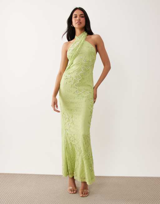 ASOS DESIGN - Vestito lungo allacciato al collo in pizzo verde con dettagli ricamati
