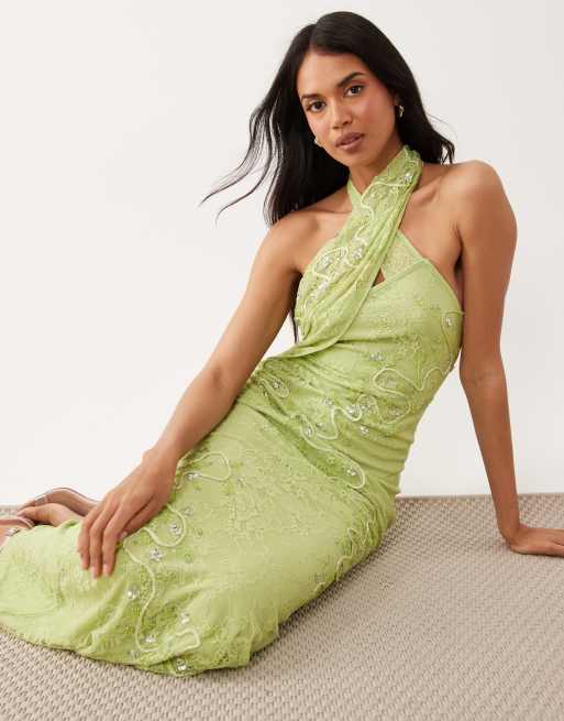 ASOS DESIGN - Vestito lungo allacciato al collo in pizzo verde con dettagli ricamati, 2 di 4