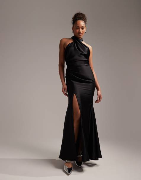 ASOS DESIGN - Vestito lungo allacciato al collo in raso nero con nodo sul retro - view 1