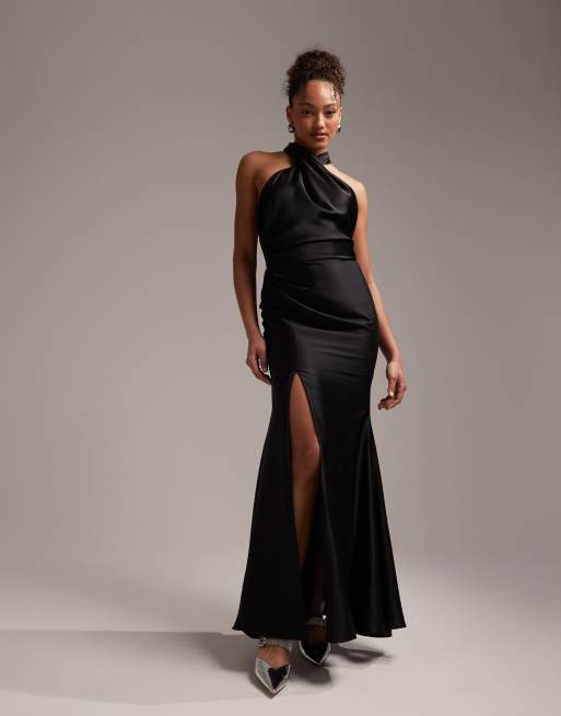 ASOS DESIGN - Vestito lungo allacciato al collo in raso nero con nodo sul retro