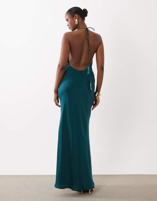 ASOS DESIGN - Vestito lungo allacciato al collo in raso verde-azzurro scuro con nappe e perline, 4 di 4