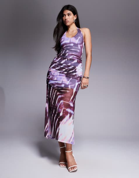 ASOS DESIGN - Vestito lungo allacciato al collo in rete arricciata con stampa zebrata astratta - view 1
