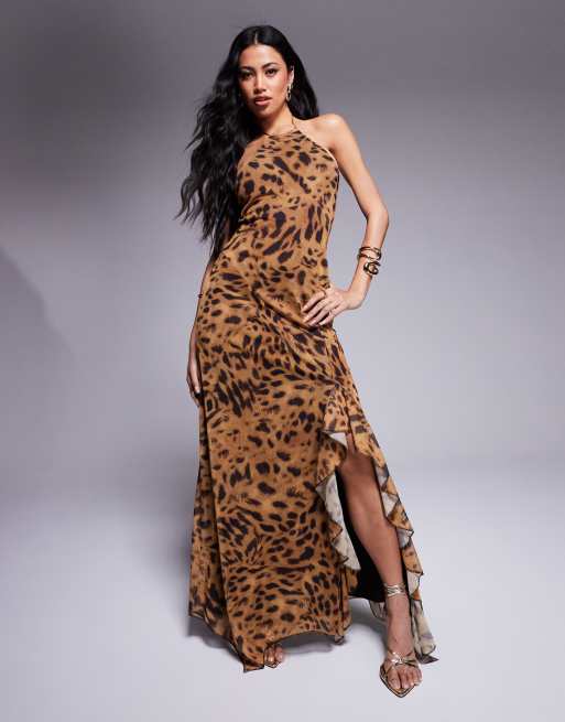 ASOS DESIGN - Vestito lungo allacciato al collo in rete con stampa leopardata e spacco con volant