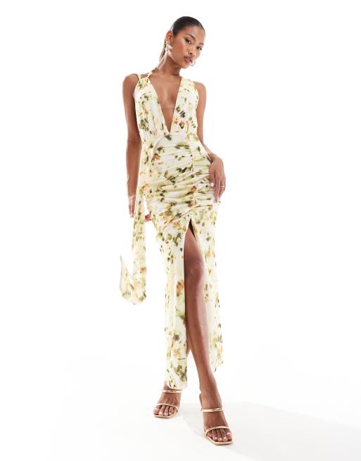 ASOS DESIGN - Vestito lungo allacciato al collo in rete giallo tie-dye con dettaglio drappeggiato