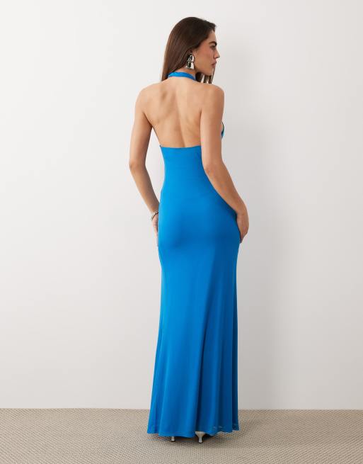 ASOS DESIGN - Vestito lungo allacciato al collo in rete turchese con dettaglio arricciato, 3 di 4