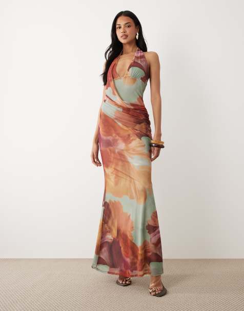 ASOS DESIGN - Vestito lungo allacciato al collo in rete verde salvia con stampa a fiori e dettaglio drappeggiato - view 1
