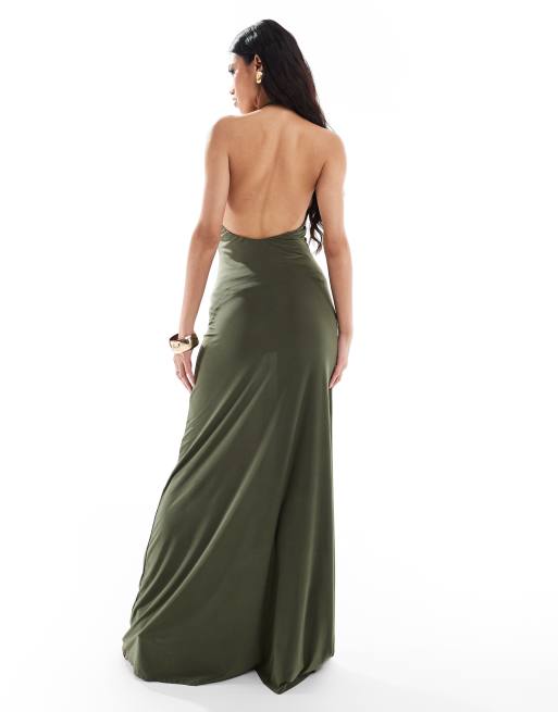 ASOS DESIGN - Vestito lungo allacciato al collo kaki con arricciatura e cut-out, 3 di 4