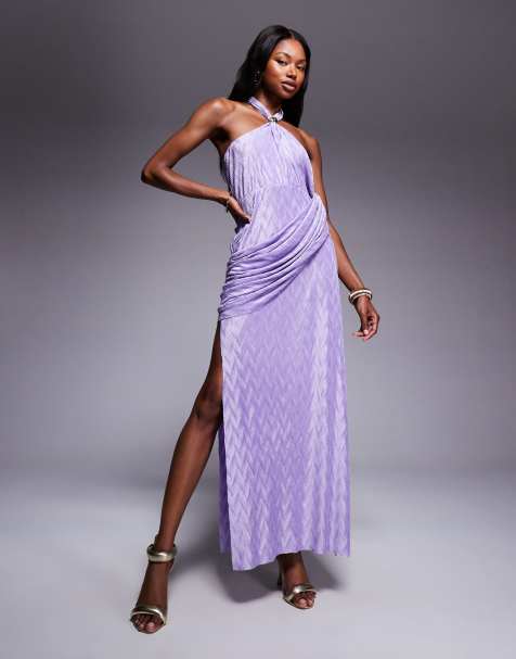 ASOS DESIGN - Vestito lungo allacciato al collo lilla testurizzato con drappeggio - view 1