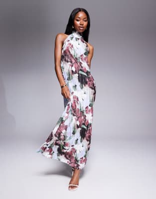 ASOS DESIGN - Vestito lungo allacciato al collo plissé a fiori scuri - view 1