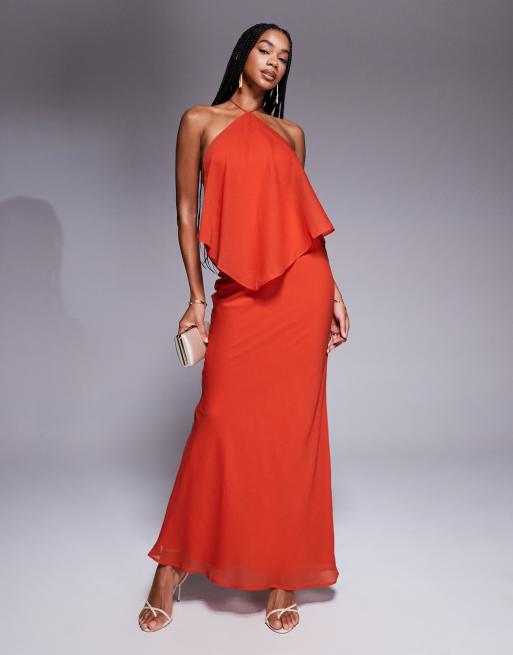 ASOS DESIGN - Vestito lungo allacciato al collo taglio sbieco a doppio strato color ruggine