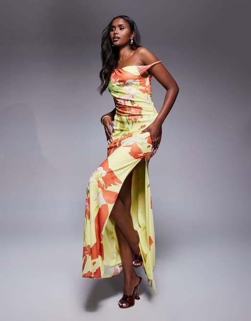 ASOS DESIGN - Vestito lungo allacciato sul retro in tessuto a rete con spallina intrecciata e stampa a fiori color giallo e arancione