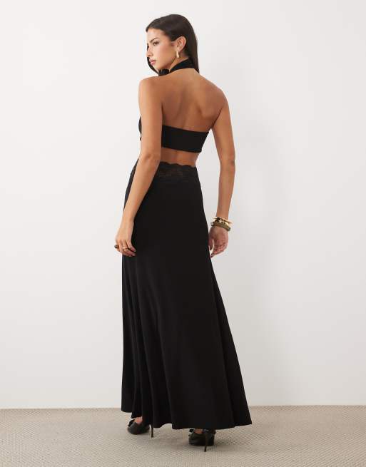 ASOS DESIGN vestito lungo all'americana con dettagli in pizzo e cut-out nero, 4 di 4