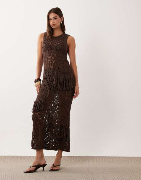 ASOS DESIGN - Vestito lungo all'uncinetto color cioccolato con frange e motivo patchwork - view 1